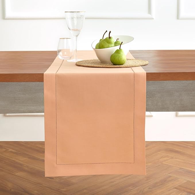 Solino Home Cotton Linen Table Runner 60 Inches - Peach Bloom Hemstitch Table Runner 14 x 60 Inch Ideal for Dresser and Coffee Tables