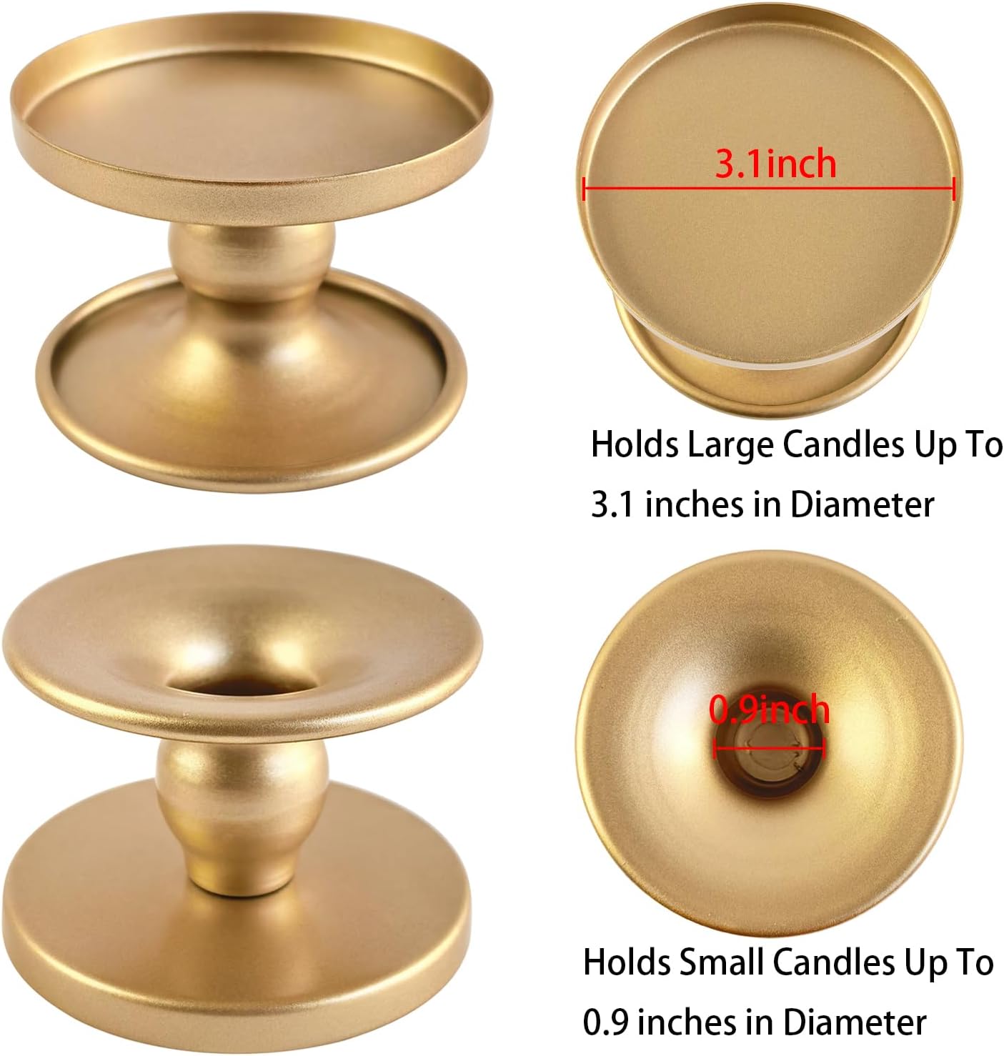 Reversible Gold Candle Holders Set of 2 for Pillar & Taper Candles | Metal Candle Trays For Pillar Candles Up To 3.2 In And Tapers Up To 0.9 In, For Tables, Weddings, Parties
