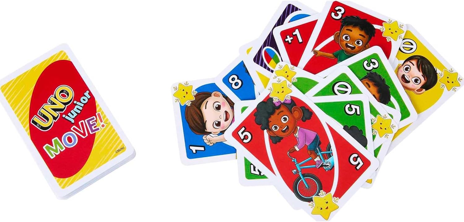 Mattel Games UNO Junior Move Kids Card Game with Action Rules for Family Night, Game Night, Travel, Camping and Party, UNO Cards