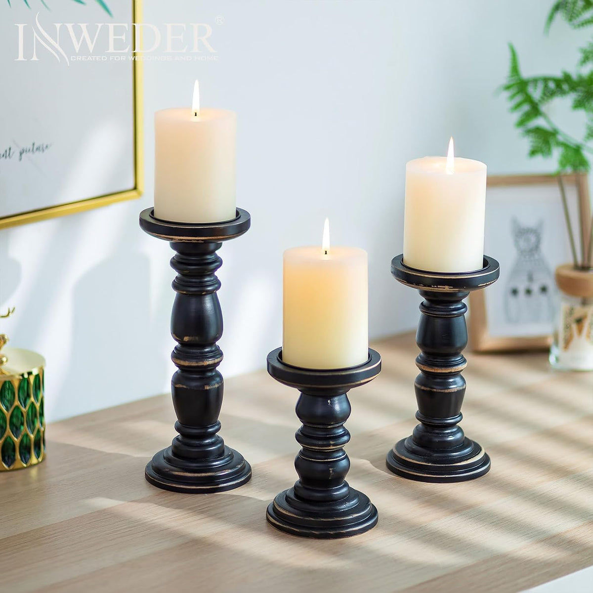 Wood Pillar Candle Holder: Rustic Distressed Black Candle Stand