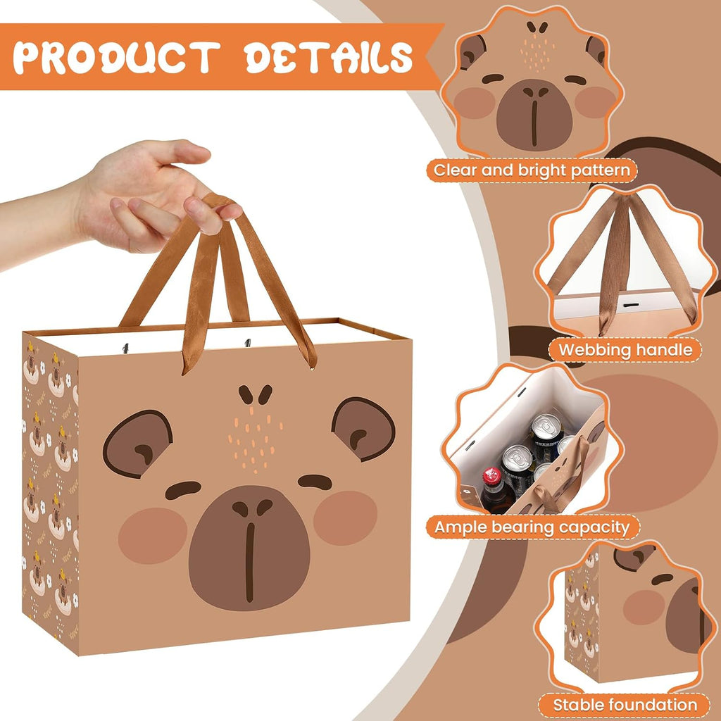Large Capybara Birthday Gift Bag,Cute Capybara Wrapping Paper Bag Brown Capybara Party Decoration Gift Bag with Tissue Paper and Greeting Card for Capybara Animal-Themed Birthday Party Supplies