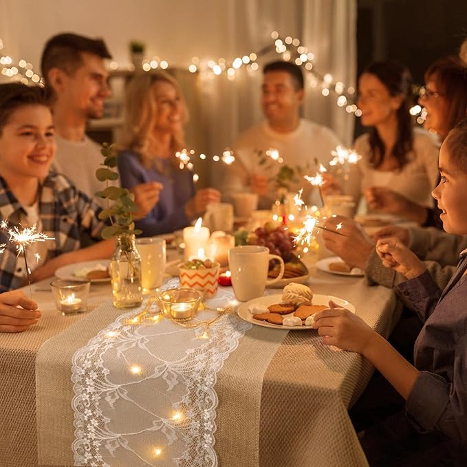 Xinnun 6 Pack Burlap Table Runner with LED String Lights, Modern Rustic Lace Natural Vintage Boho Jute Wedding Table Decor for Farmhouse Thanksgiving Christmas(Farmhouse Rustic Burlap,12x70 Inches)