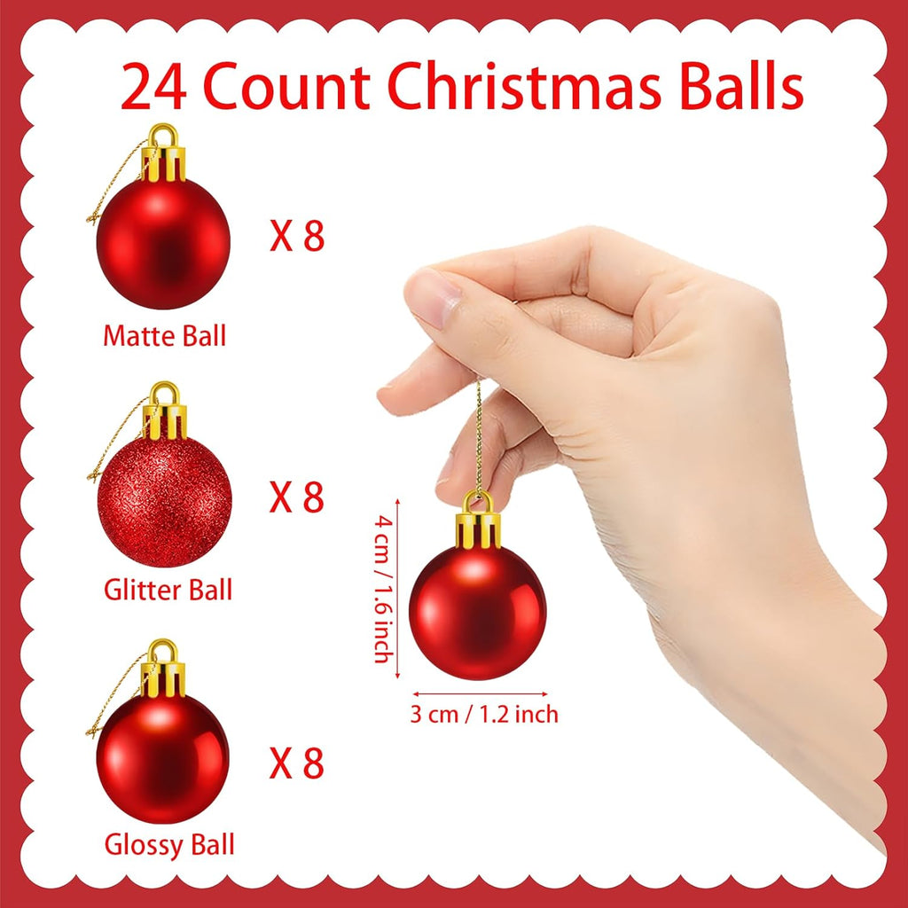 24 Count Small Red Christmas Ornaments Balls, Mini Red Ornaments for Mini Christmas Tree, Small Shatterproof Valentine Tree Decorative Hanging Bulbs Ball for Xmas Outdoor Party Decorations, 1.2 inch