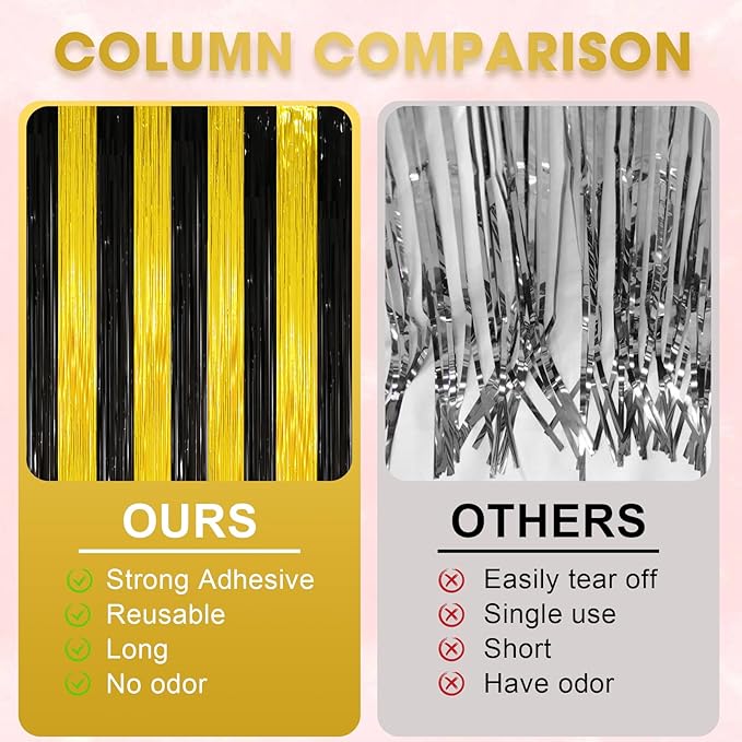 2 Pack Black and Gold Tinsel Foil Fringe Curtains, Black and Gold Party Decorations, Metallic Tinsel Party Streamers Backdrop for 2025 New Years Graduation Prom Party Decorations