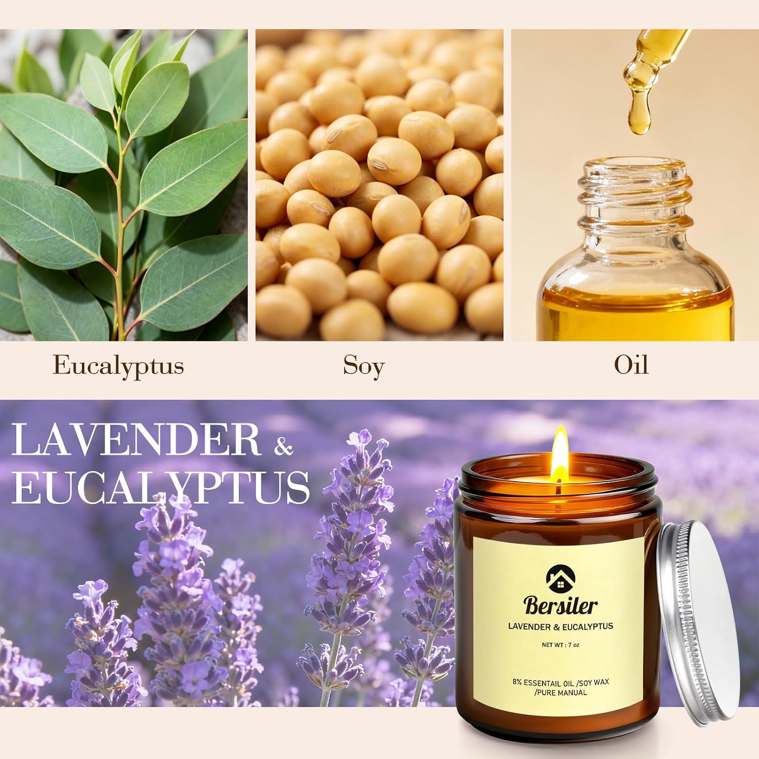 Aromatherapy Candles, Scented Candles, 7OZ Lavender Eucalyptus Candles Stress Relief and Relax for Home & Bedroom Gift for Women Birthday Christmas, Soy Wax Candle