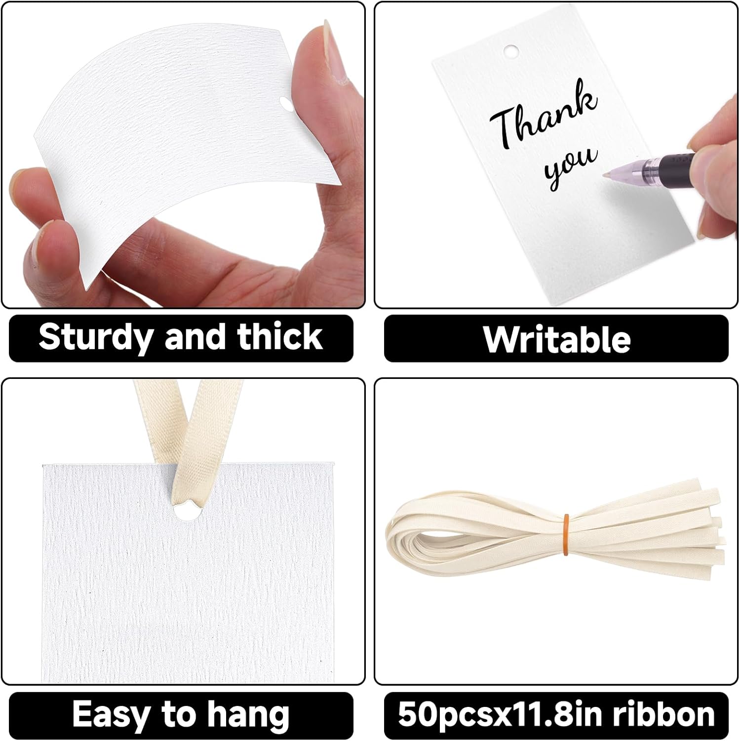 G2PLUS 50Pcs Name Place Cards - Wedding Place Cards with Ivory White Ribbon, Blank Paper Gift Tags 3.5x2 Inches for Wedding Favors, Bridal Shower & Party Table Setting