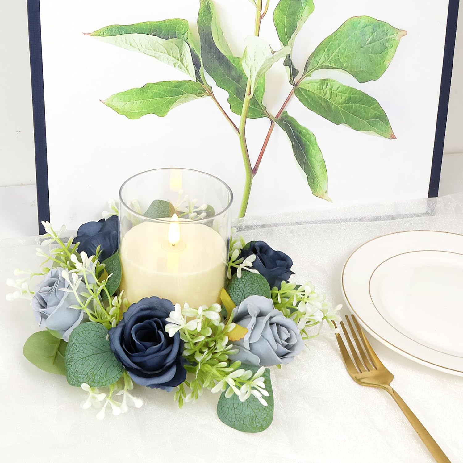Blue Rose Candle Rings with Flameless Candles Sets - 4PCS Artificial Flower Eucalyptus Wedding Centerpiece 3 Inch Pillar Candleholders Wreaths for Wedding Party Decor (Blue - 2 Sets)