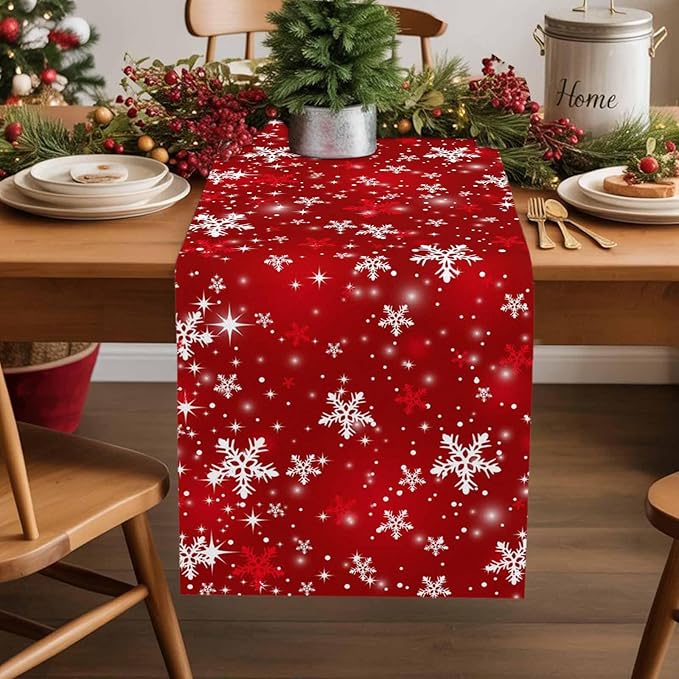 Christmas Snowflakes Cotton Linen Table Runner for Dining Kitchen, Red Xmas Winter Snow Wedding Outdoor Party Tablerunners Decoration, New Year Dresser Scarf Coffee Tablecloth Runners 13x60 Inches