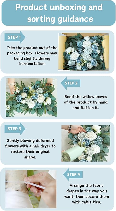Artificial Arch Flowers Kit(Pack of 4),2Pcs Artificial Flower Arch Decor, 2Pcs Drapes, Ceremony and Reception Background Rose Decoration, Grayish Blue Floral Outdoor Party Decor