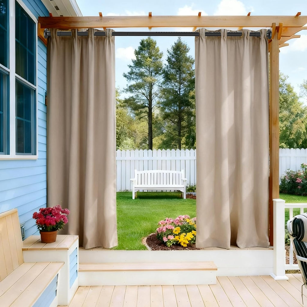 tension curtain rod 51-166 inch(4.25-13.83ft), extra long outdoor shown in use