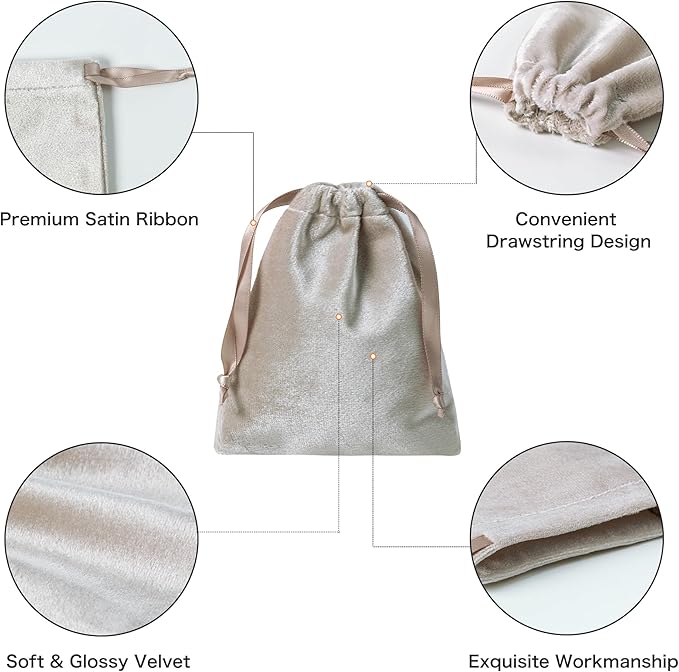 QIANF 12pcs Light Champagne Velvet Drawstring Bags 3x4 inches Glossy Small Velvet Cloth Gift Bags Jewelry Pouches for Storage Wedding Party Favor Christmas