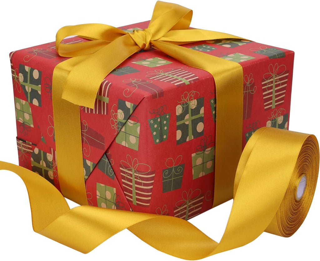 1-1/2 inch Golden Satin Ribbon 50 Yards Solid Fabric Ribbons Roll for Wedding Invitations, Bridal Bouquets, Sewing, Party Decorations, Gift Wrapping and More
