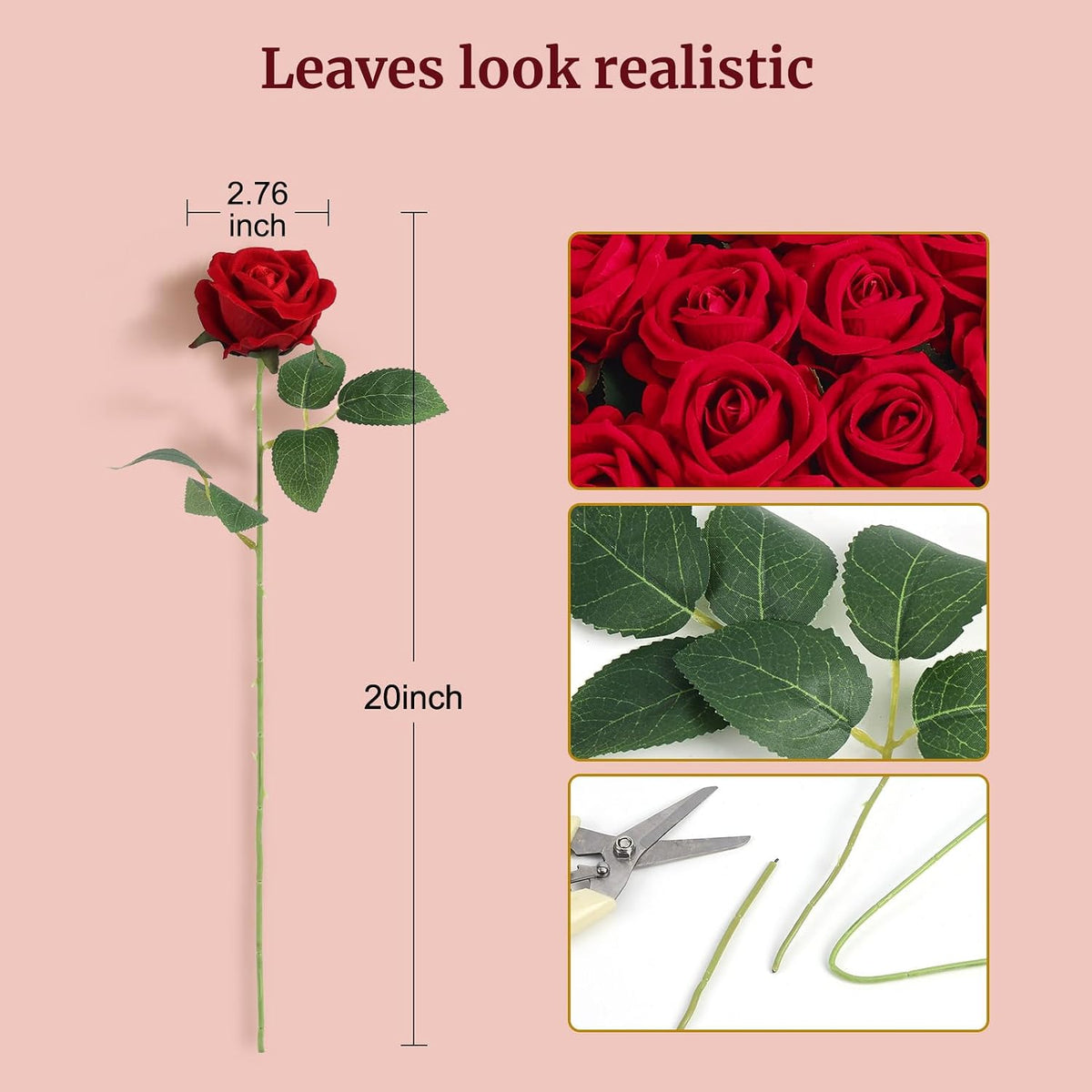 auihiay 60pcs red roses artificial flowers, faux roses, close-up detail