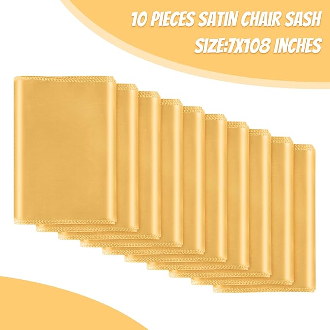 10 PCS Gold Satin Chair Sashes Bows Universal Chair Ribbon Ties Back Sash for Wedding Party Reception Events Banquets Hotel Event Chair Cover Decoration (7x108 inch)
