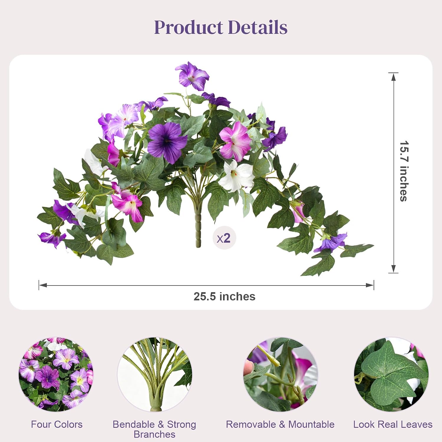 Artificial Fake Flowers Plants for Outdoor UV Resistant, 2PCS Silk Faux Petunias No Fade Summer for Outside Planter Front Door Porch Yard Patio Balcony Realistic Decoration Purple White