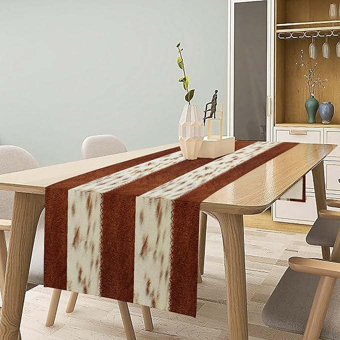 Cow Patchwork Print Table Runner, Brown Country Farm Animal Fur Skin Farm Safari Wildlife Pattern Table Runner for Dinner Dinning Home Kitchen Living Room Party Holidays Setting, 13x60 Inch