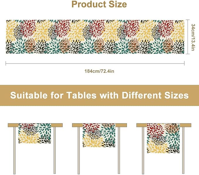 Green Red Dahlia Flower Table Runner Chrysanthemum Geometric Kitchen Dining Bedroom Living Room Table Decor for Indoor Outdoor Home Party, 13x60 Inch