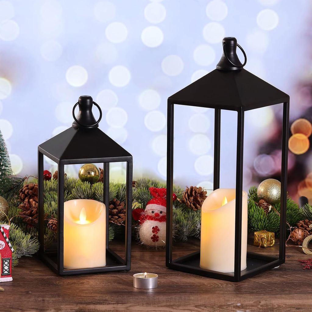 MATAHUM 2pcs Farmhouse Lantern Decor with LED Flickering Flameless Candles - Black Metal Lanterns Decorative for Home Decor, Fireplace Mantle or Table Centerpiece, Halloween Christmas Lantern Decor