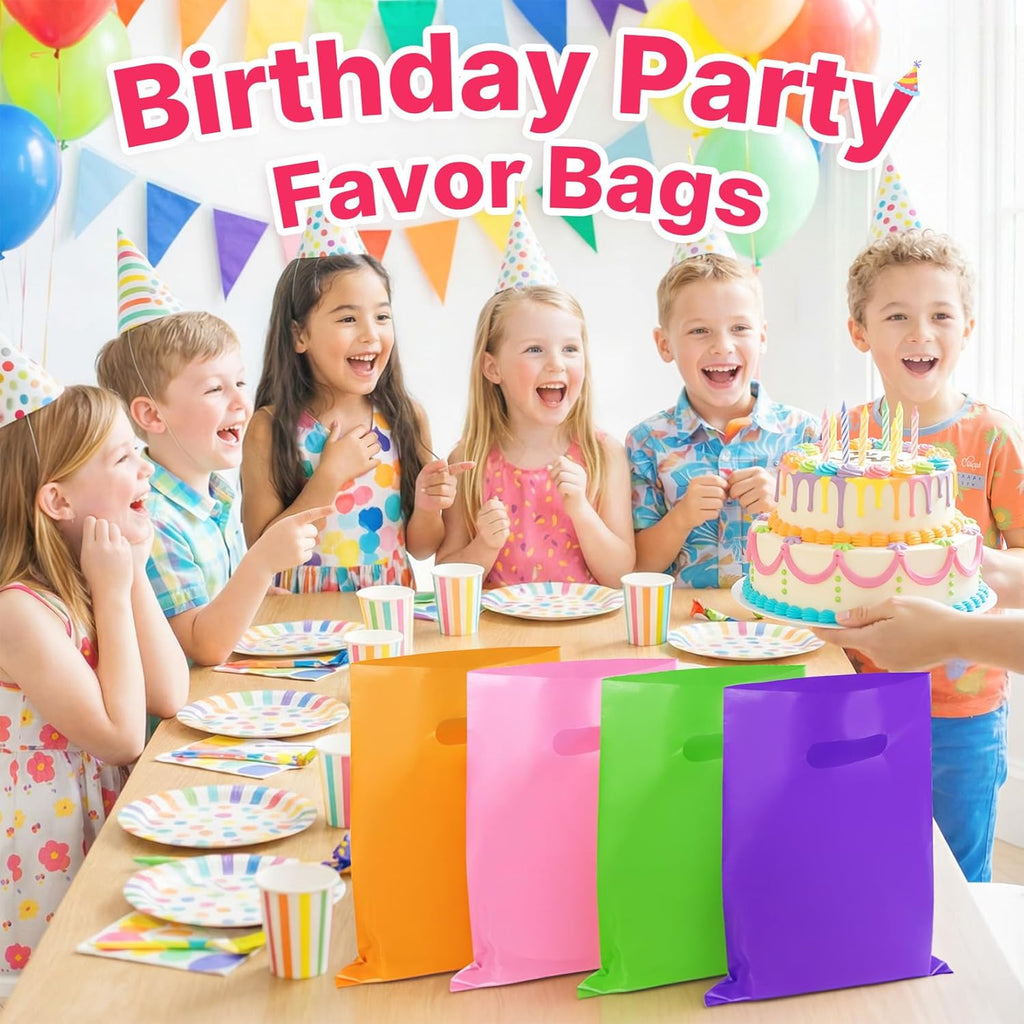ANZNKU 50 PCS Multicolor Party Favor Gift Bags 8"x11", Goodie Bag Bulk for Candy Jewelry Treat Snack Craft, Small Reusable Plastic Party Bags with Handles for Kids Birthday, School & Festive Events