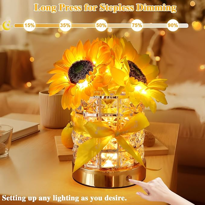 Birthday Gifts for Women/Mom Sunflower Cordless Table Lamp,3 Color Crystal Lamps Touch Bedside Lamps Infinitely Dimming with USB Charge Small Night Light,Nightstand Lamp for Bedroom (Round)