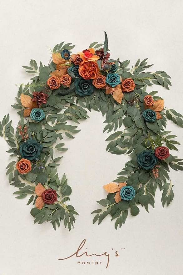 Ling's Moment Flower Garland - 6FT Eucalyptus & Rose - Sweetheart Table Decor for Wedding Reception, Artificial Floral Garland for Mantle, Christmas Decoration, Dark Teal & Burnt Orange