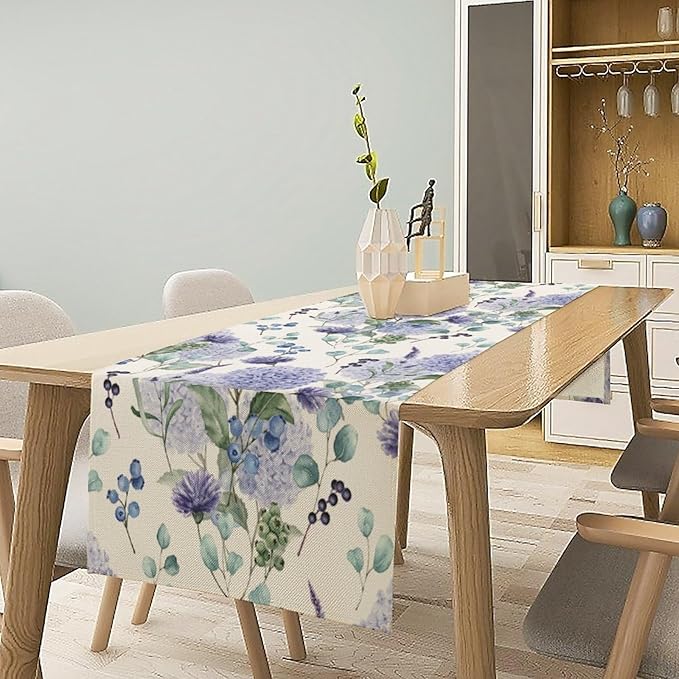 Spring Hydrangea Flower Table Runner, Seasonal Summer Plants Watercolor Eucalyptus Leaves Purple Florals Dinner Runner for Home Kitchen Dining Table Party Holiday Decoration 13"x70"