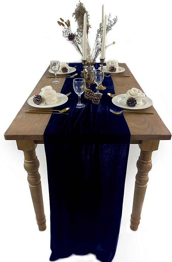 Velvet Table Runner, 10ft Luxurious Wedding Reception Decorations Soft Velvet Fabric Table Linen Overlay for Party (20 x 120 inch, Navy)