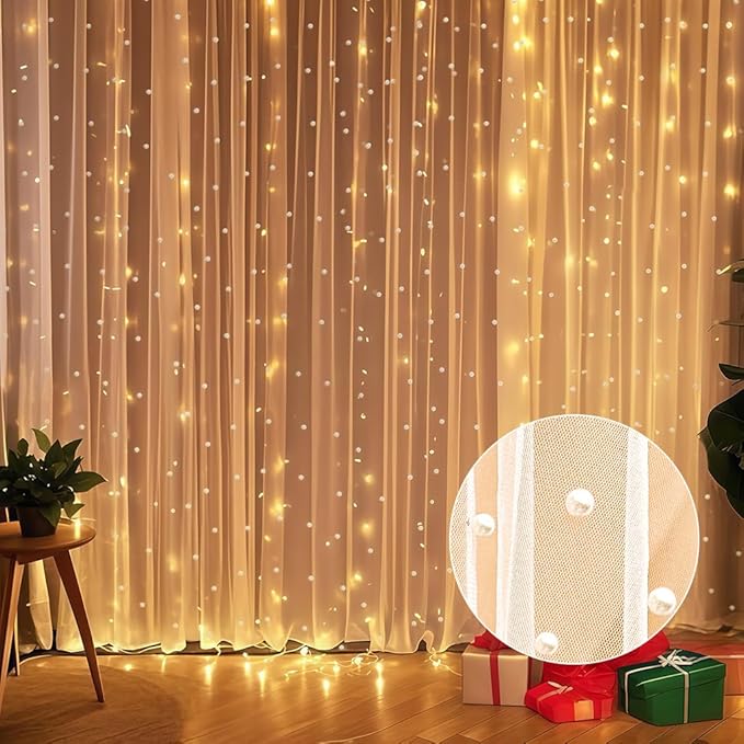 10 x 10 FT Pearl White Tulle Backdrop Curtain with Lights Strings,Wedding Background Curtain Baby Shower Birthday Parties Photo Decorations(2 Panels 5×10ft)