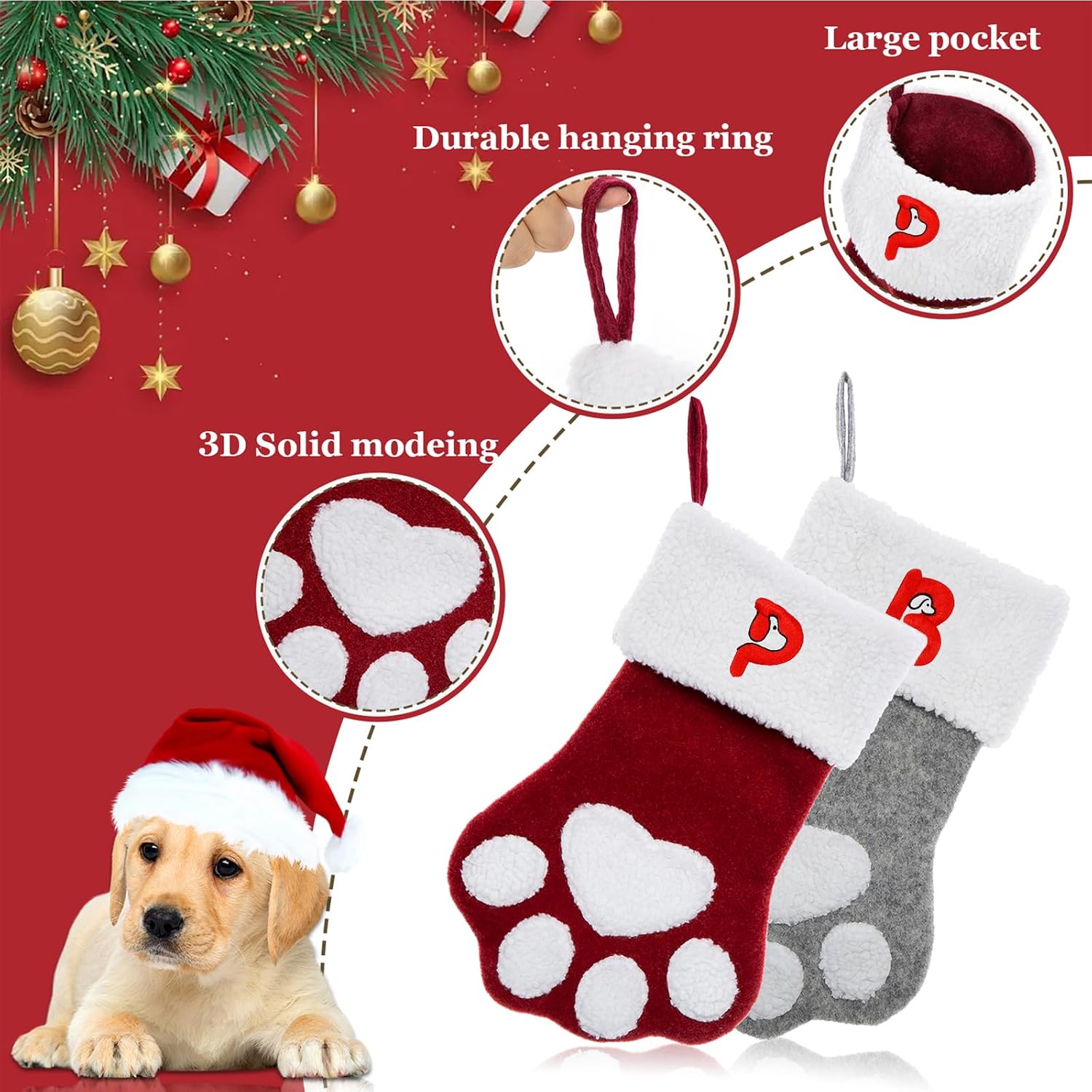 Pet Christmas Stockings with Initials, Personalized Dog Cat Paw Xmas Stockings with Letters, 17.5 in Embroidered Monogram Christmas Stockings for Pets, Red Letter B