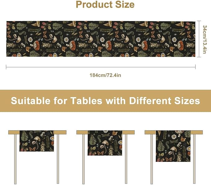 Mushroom Table Runner,Retro Forest Plant Table Runner for Kitchen Dining Table Home Party Decoration 13x108 Inch