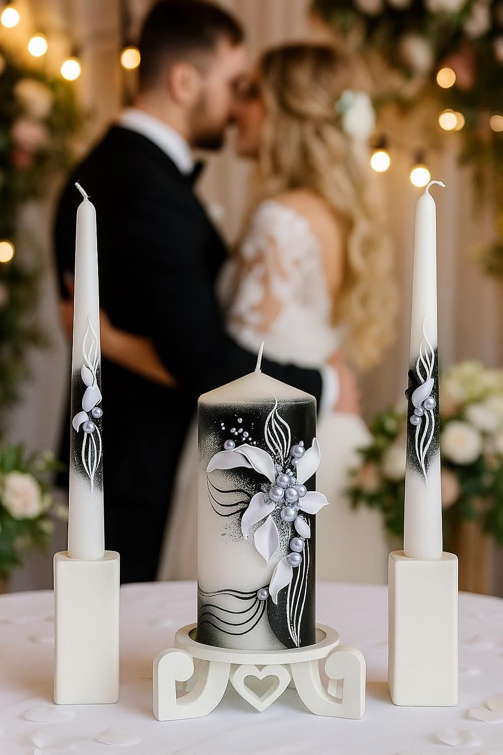 Unity Candle Set - Wedding Ceremony & Reception – 6” Pillar & Two 10” Taper Candles – Long Burning Unity Candles for Marriage Ritual – Handmade in USA – Black | White