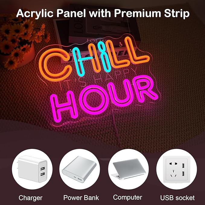 CHILL HOUR Neon Sign, Colorful LED Wall Light with “It’s Happy Hour” Quote, Aesthetic Neon Bar Sign for Bedroom, Dorm, Game Room, Home Party Décor