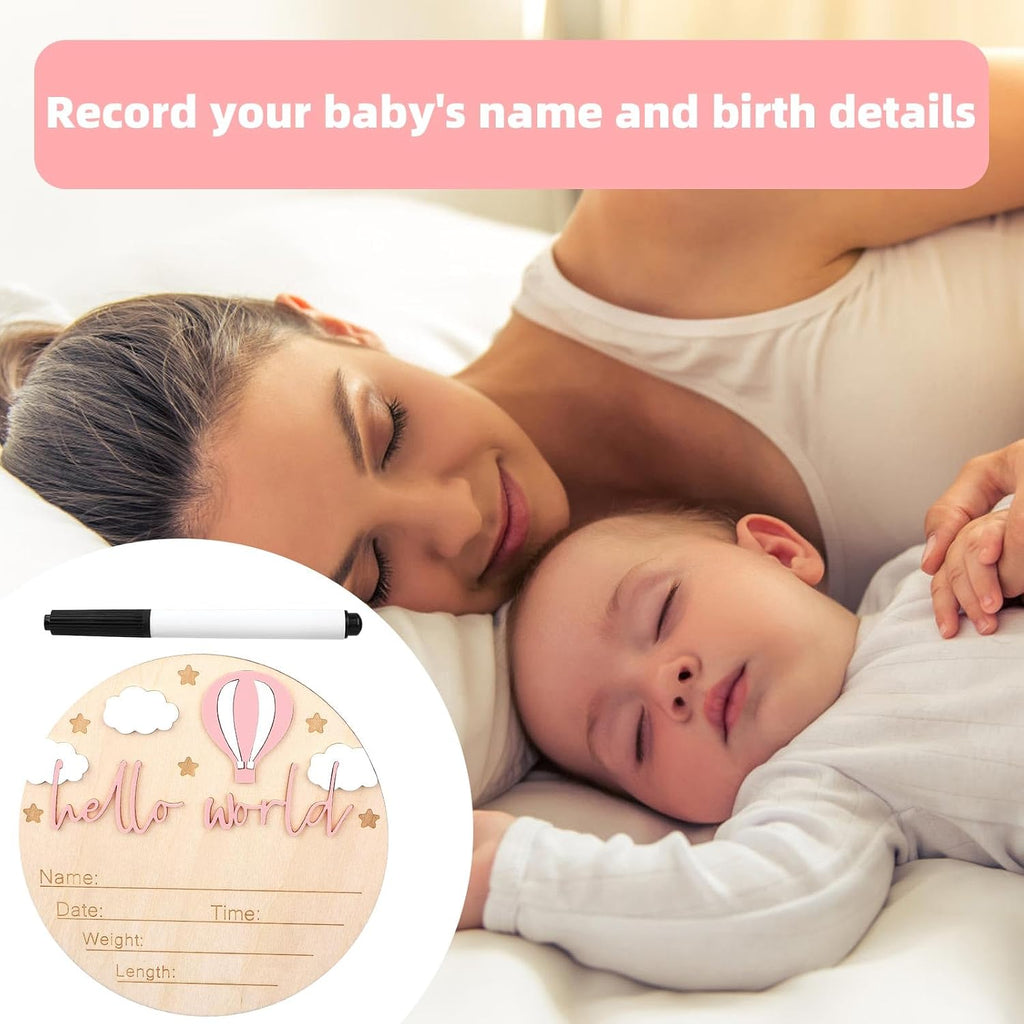 Wooden Baby Announcement Sign, Hello World Birth Boys and Girls Newborn Sign Welcome Baby Name Plaque for Photo Prop Home Hospital Nursery Newborn Gift (Pink)