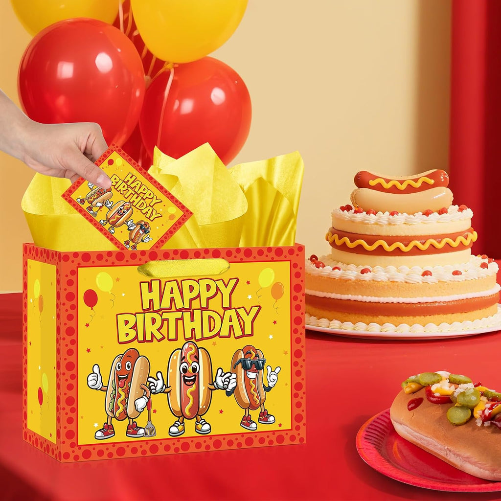 Cartoon Hot Dog Birthday Gift Bag Funny Hot Dog Themed Birthday Wrapping Paper Bag with Tissue Paper Card for Kids Adults Picnic BBQ Sausage Food Snacks Hotdog Bday Baby Shower Party Supplies