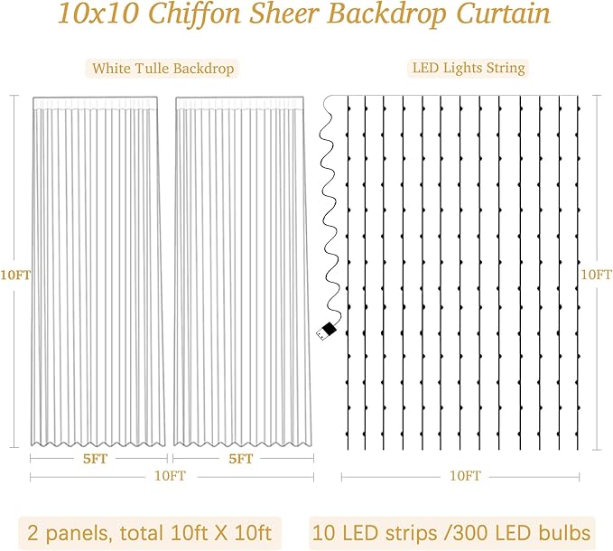 10x10ft White Sheer Backdrop Curtain with Lights String for Wedding, Fairy Light Up Curtain Backdrops for Baby Shower, Chiffon Photo Backdrop Drapes for Birthday Party Photo Shoot (5 x 10ft,2 Panels)
