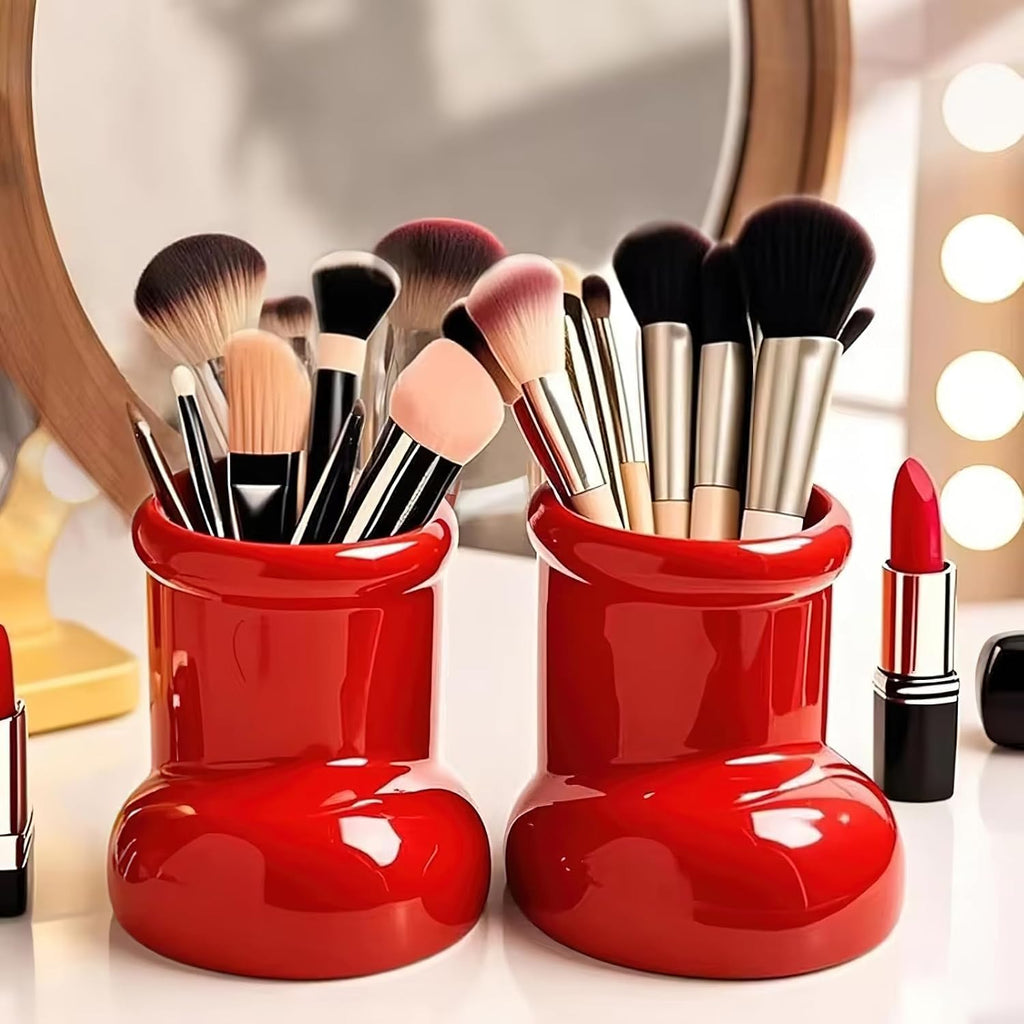 Red Boot Christmas Vase, Cute Pen and Pencil Holder for Desk, Small Desktop Marker Organizer and Storage Cup, Decorative Art Flowers Vase for Makeup Brushes and Pens Scissors