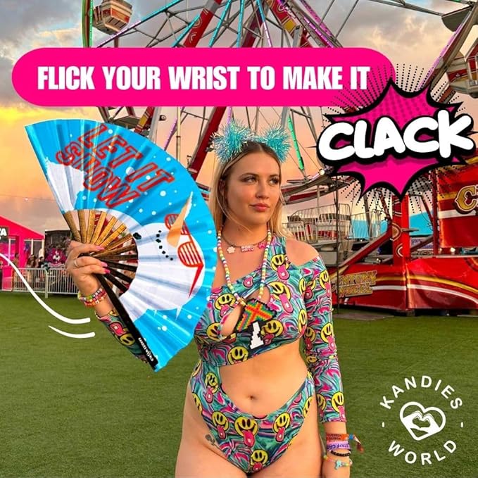 Kandies World UV Reactive Custom Festival Folding Hand Fan - Unique Designs, Made of Bamboo, Clacking Sound, Lightweight - Perfect Rave and Festival Accessory!