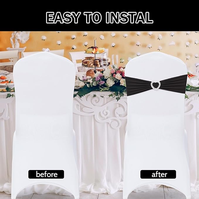 Howhic Pack of 30 Spandex Chair Sashes Bows Stretch Chair Cover Band with Buckle Slider Universal Elastic Chair Ties for Wedding Banquet Party Event Decoration (Black)