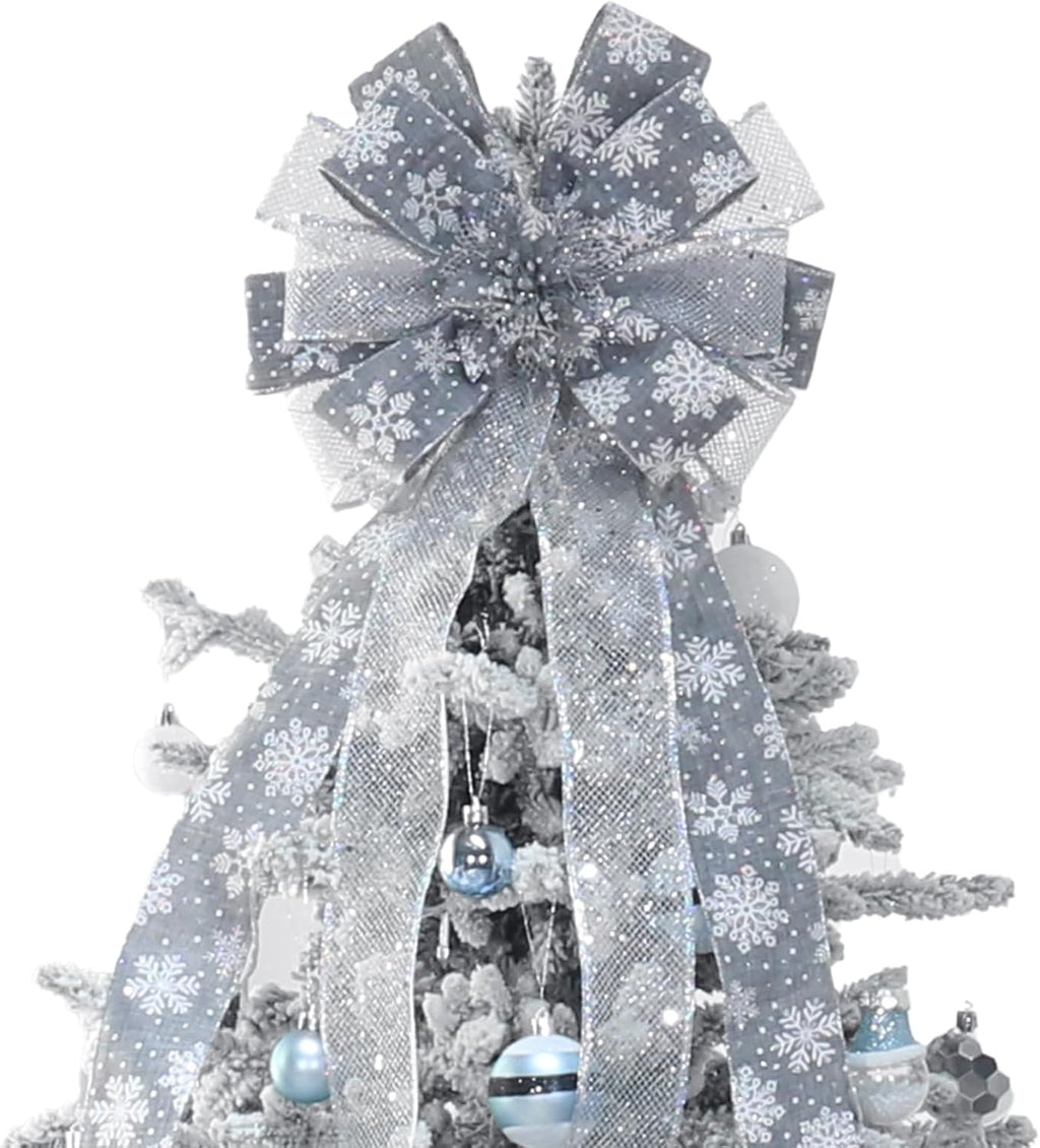 Christmas Tree Topper, Bow Large Christmas Bow Tree Topper, for Xmas Ornament Holiday Home Wedding Thanksgiving Indoor/Outdoor Decoration (Grey Silver)