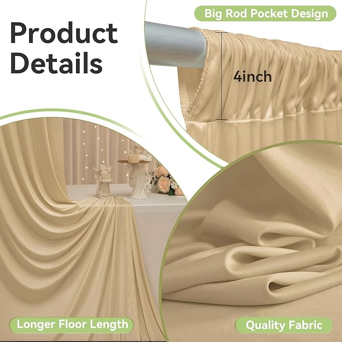 leegleri 40ftx12ft Wrinkle Free Beige Backdrop Curtain, 8 Panels 12FT Height Beige Wedding Backdrop Drapes, Silky Polyester Back Drop Cloth for Birthday Photography Background Party Backdrop Draping