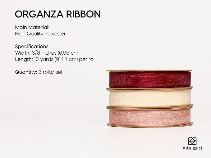 Vitalizart 3/8" x 30Yd Organza Ribbon Red Pink White Sheer Ribbons Set 10 Yd x 3 Rolls Handmade Eco-Friendly for Gift Wrapping Christmas Tree Crafts Bows Wedding Invitations Wreaths