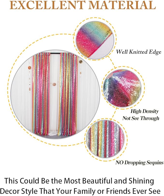 ShinyBeauty Sparkle Backdrop Curtain 2 Panels Set Sequin Photo Backdrop 2FTx8FT Sequin Backdrop Curtain Pack of 2~1220S (2FTx8FT, Rainbow)