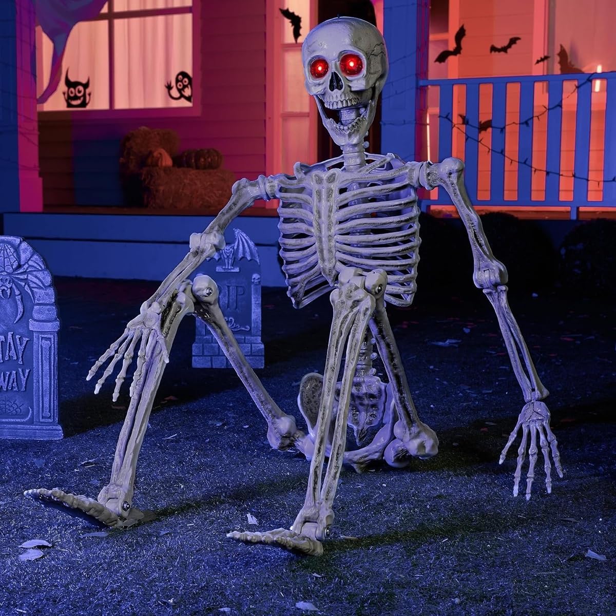 JOYIN 5.6 FT Halloween Posable Skeleton Life Size with LED Red Glowing Eyes, ...