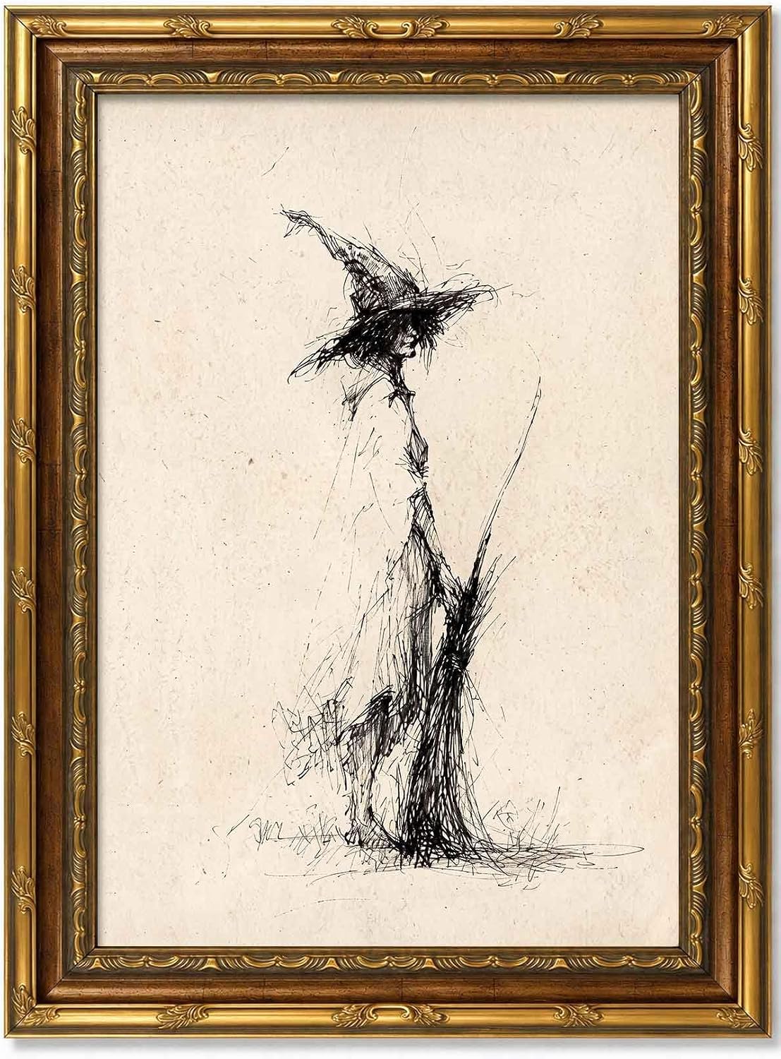 Vintage Witch Canvas Wall Art, Gold Framed Gothic Sketch Print