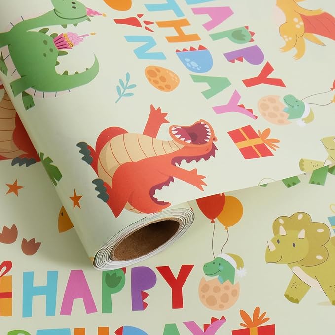 Aimyoo Dinosaur Birthday Wrapping Paper Roll - 17 Inch X 32.8 Feet - Green Happy Birthday Dino Pattern Gift Wrap Paper for Boys Party, Baby Shower, Holiday