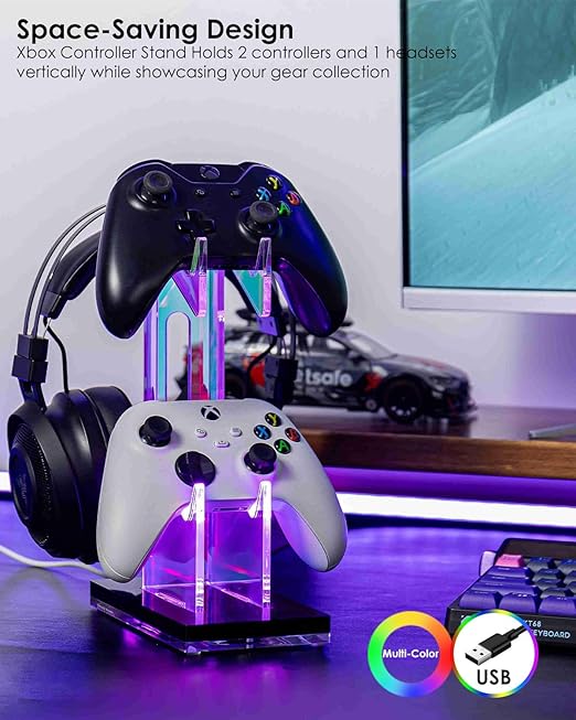 OAPRIRE Headset and Controller Stand with Lights, 2 Tier Acrylic Game Controller Holder, Controller and Headset Stand for Desktop,Universal Design Compatible with PS5/PS4/XBOX/SWITCH (Black)