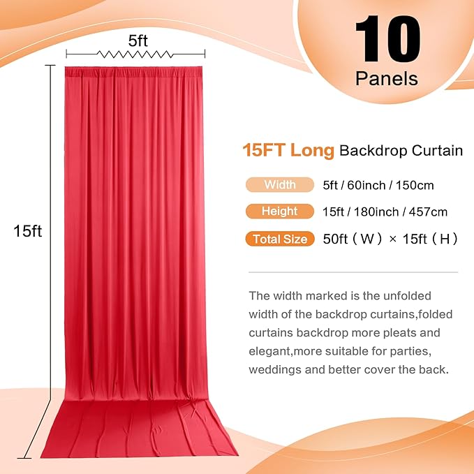 50ft x 15ft Red Wrinkle Free Backdrop Curtains for Parties,Silky Polyester Fabric Wedding Ceiling Drapes, 10 Panels 15ft Photo Back Drop Drapes for Baby Shower Photography Stage Background Cloth