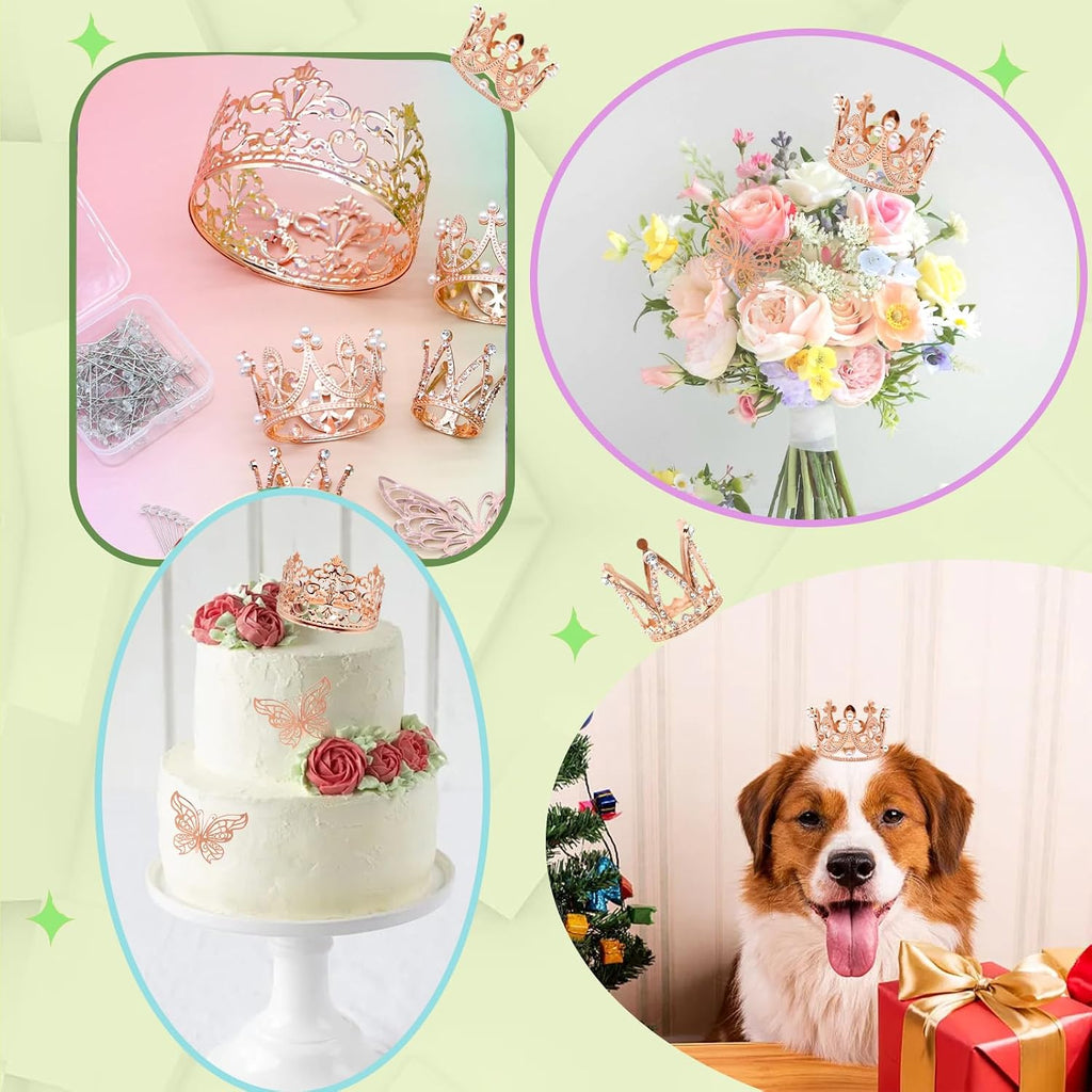 141 Pcs Mini Crown for Flower Bouquets Including 5 Bouquet Crowns, 36 3D Butterfly Decorations and 100 Flower Diamond Pins, Rose Gold Cake Topper for Wedding Birthday Party