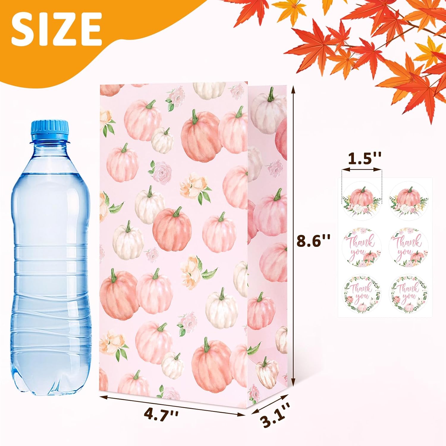 Sinasasspel 24Pcs Pumpkin Gift Bags with Thank You Stickers, Fall Paper Treat Bags Thanksgiving Party Favor Bags, Pink Little Pumpkin Candy Goodie Bags for Birthday Baby Shower Autumn Party Supplies