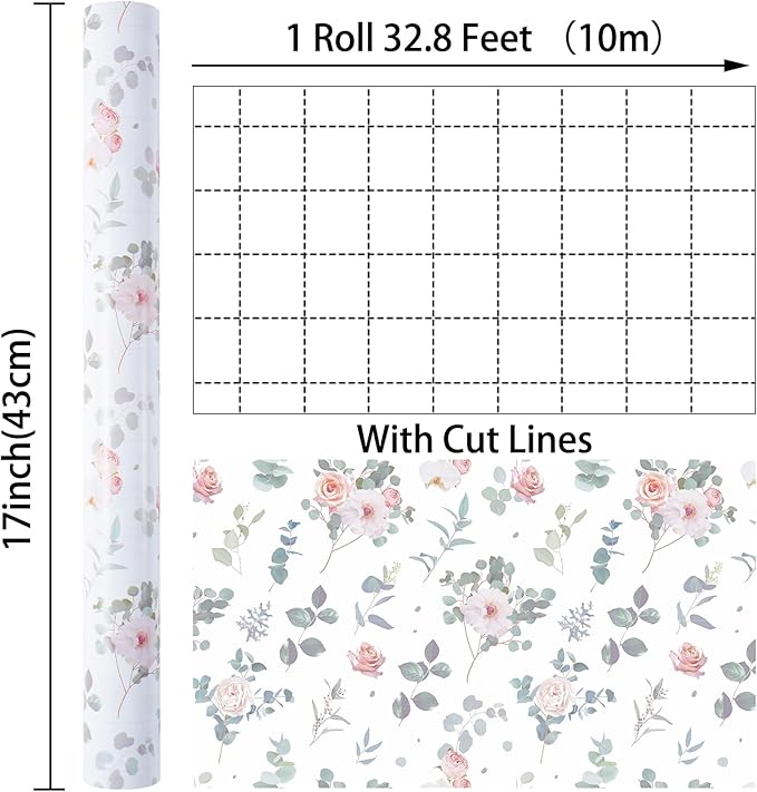 Ulmasinn Floral Wrapping Paper Roll - 17 Inches x 33 Feet - Vintage Romantic Rose Flower Gift Wrap with Cut Lines for Wedding, Birthday, Bridal Shower, Mother’s Day